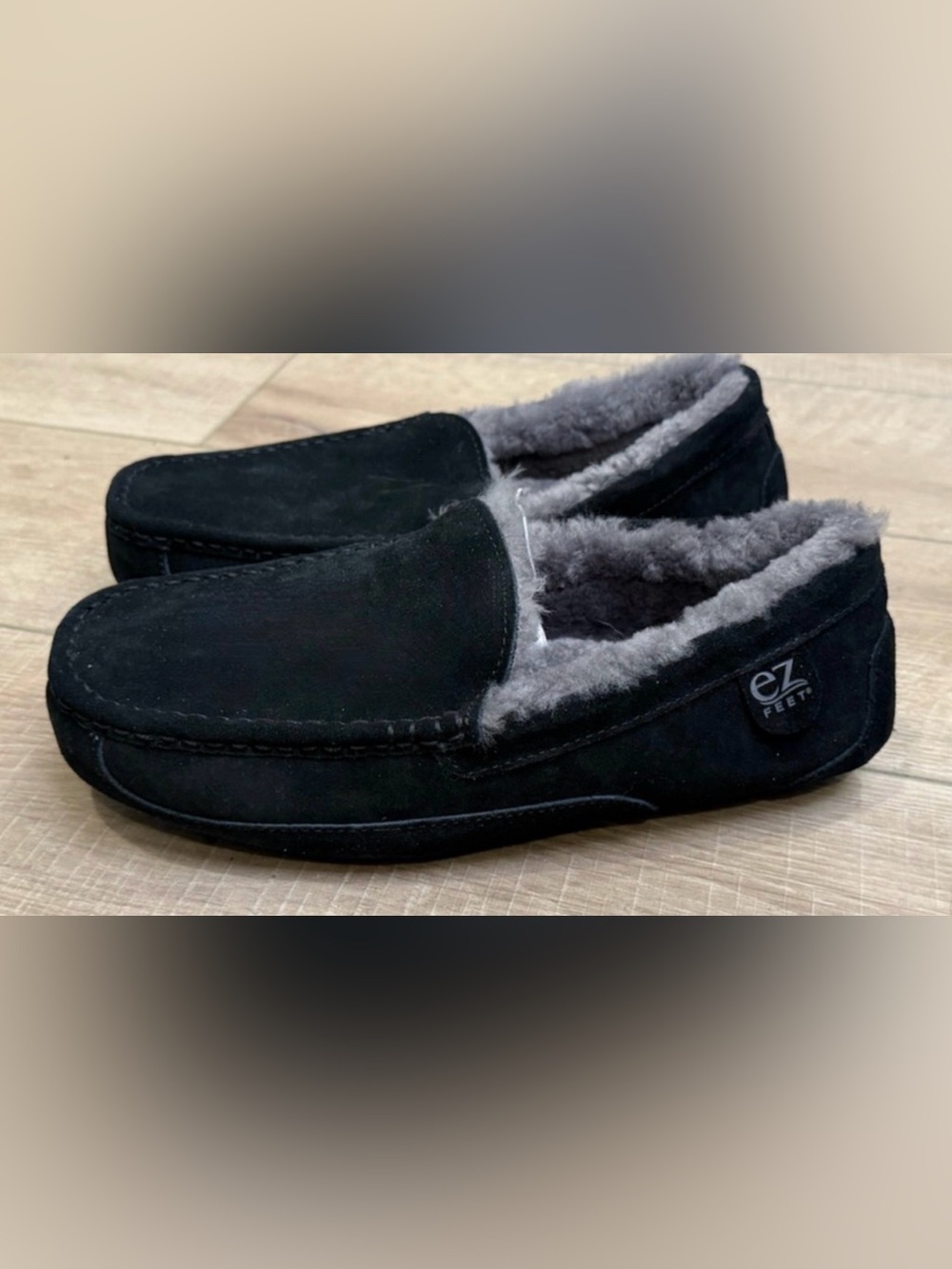 EZ FEET BLACK INDOOR OUTDOOR SHEARLING SLIP ON MOCCASIN SLIPPERS SHOES 11W 11 W